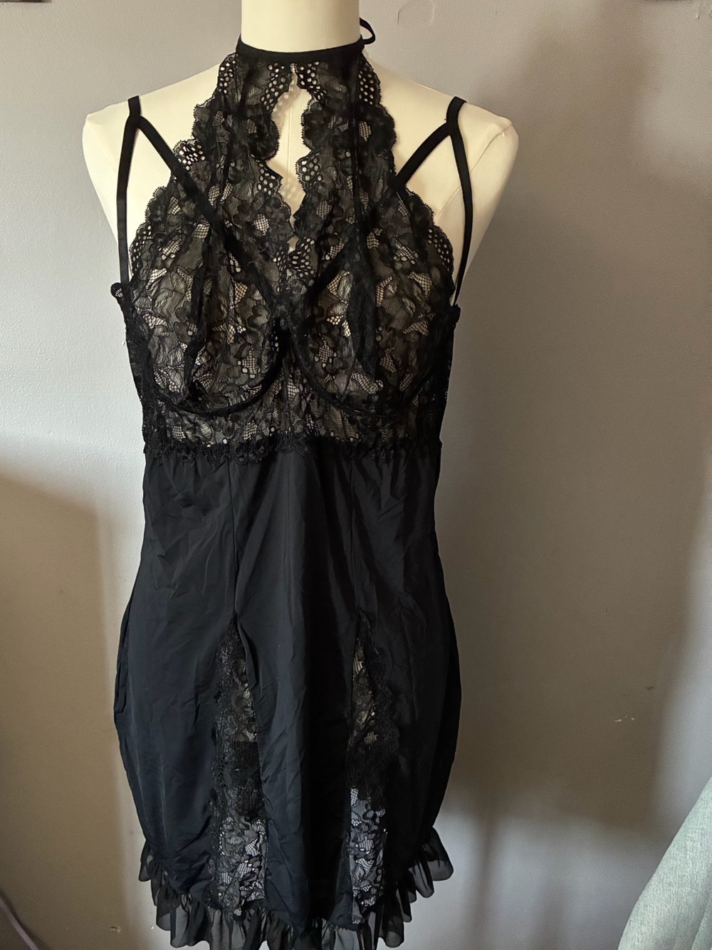 Black Lace Halter Chemise with Sheer Bodice - Women Intimates